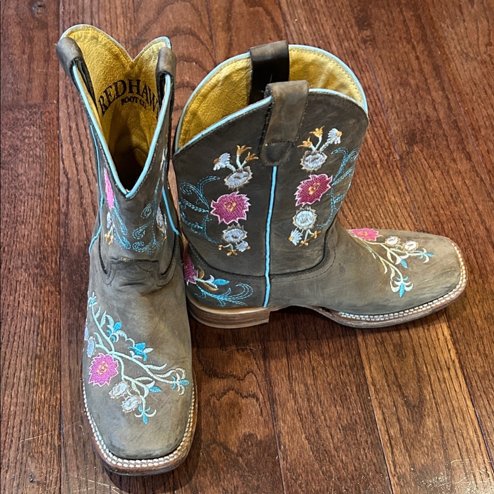 Red Hawk Kids Square Toe Cowgirl Boots with embroidered floral